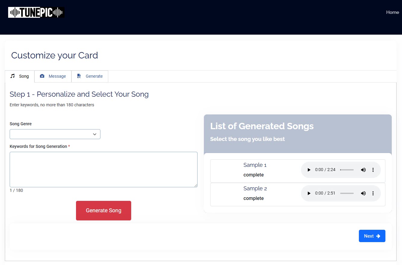TunePic card personalization process - upload photo, add message, generate AI song