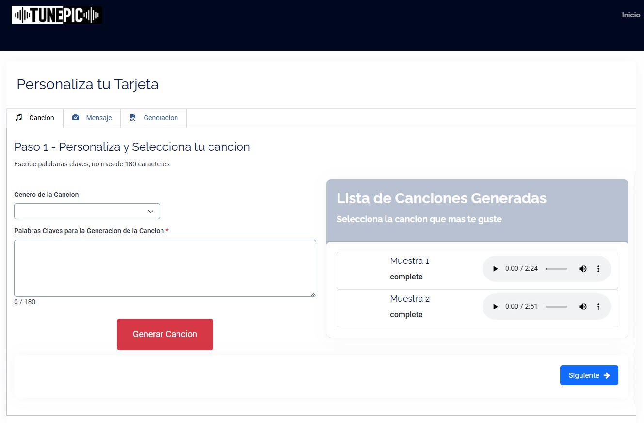 Proceso de personalización de tarjeta TunePic - sube foto, añade mensaje, genera canción con IA