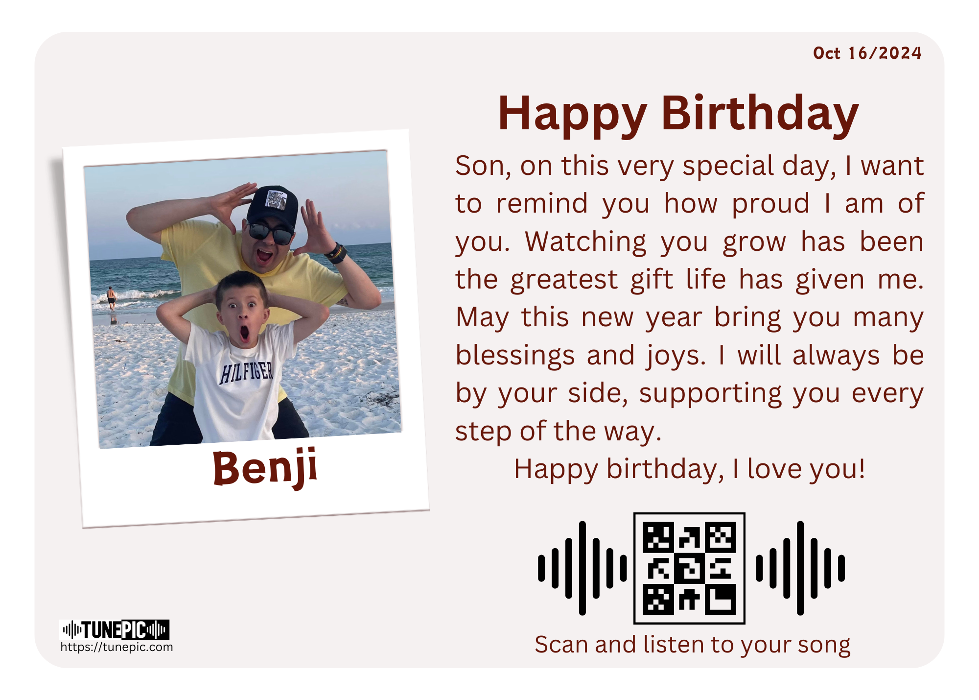 Example of a personalized TunePic digital card with photo, message, and QR code for AI-generated song